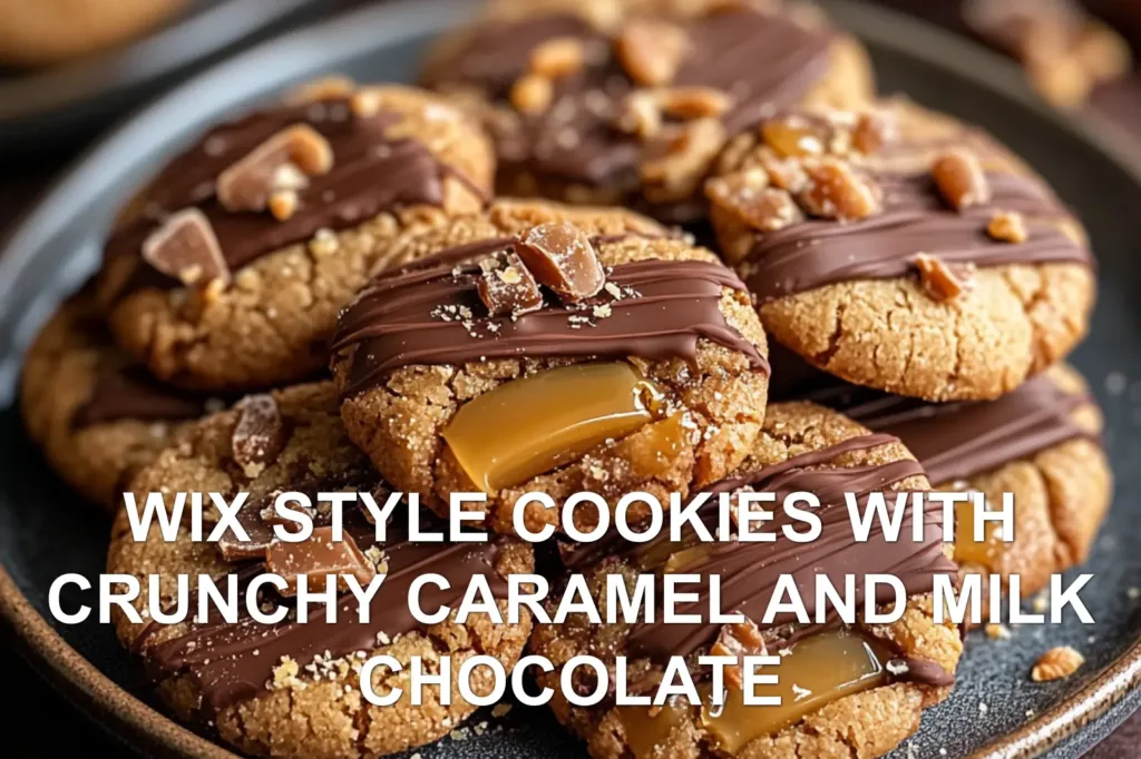 WIX STYLE COOKIES WITH CRUNCHY CARAMEL AND MILK CHOCOLATE centered hero view, clean and uncluttered