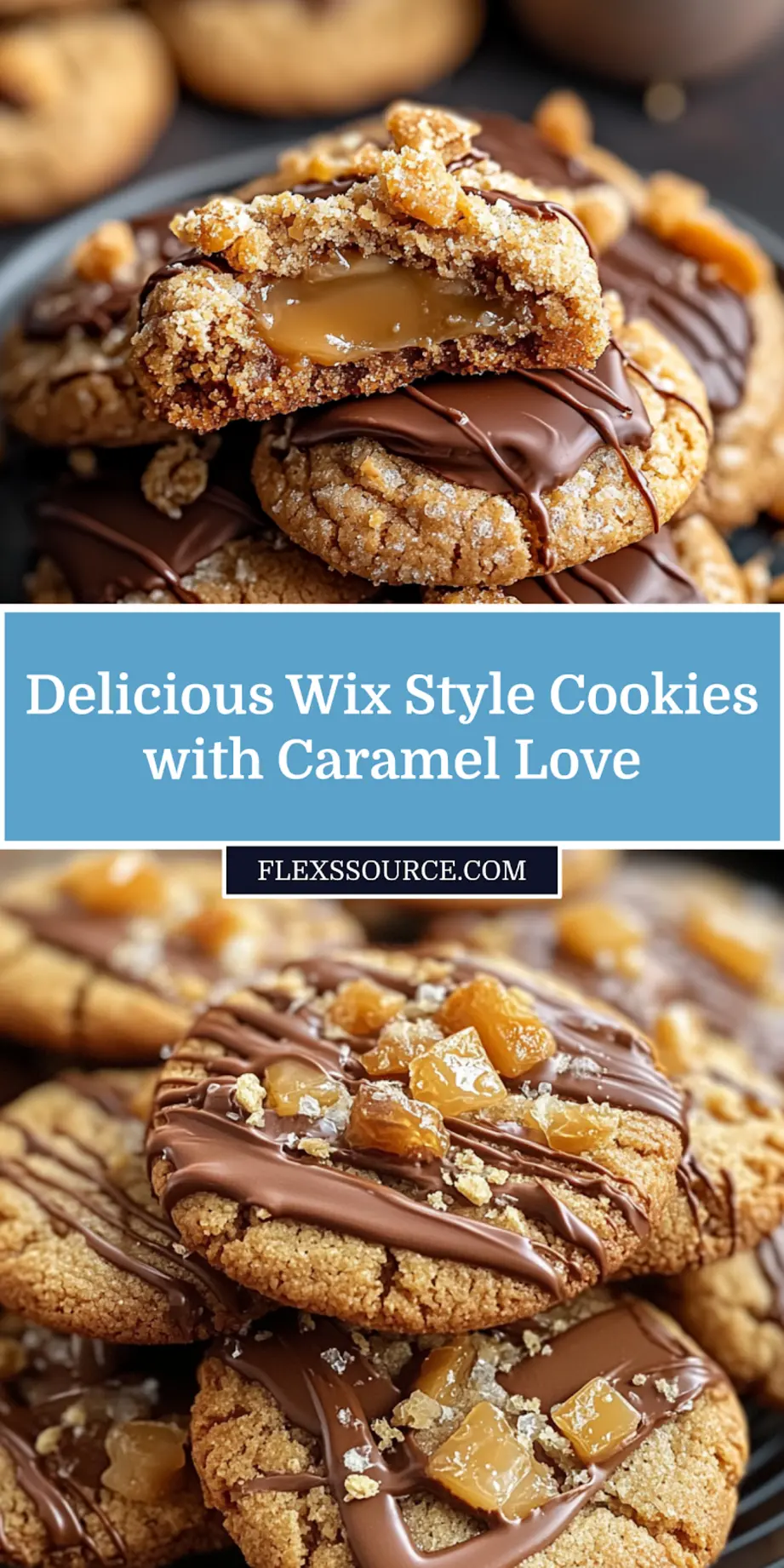 WIX STYLE COOKIES WITH CRUNCHY CARAMEL AND MILK CHOCOLATE centered hero view, clean and uncluttered_pin