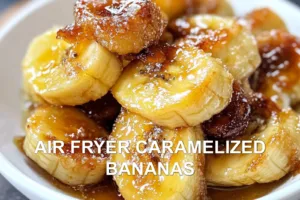 Air Fryer Caramelized Bananas: The Best Easy Recipe AIR FRYER CARAMELIZED BANANAS centered hero view, clean and uncluttered