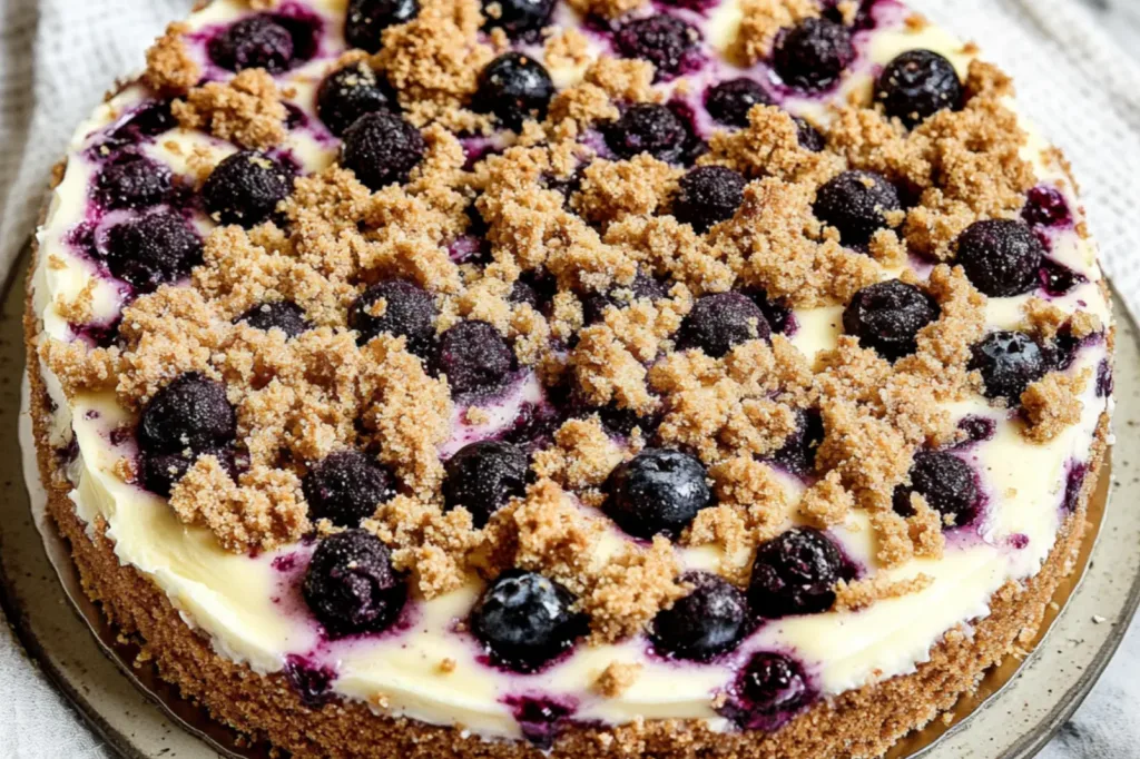 BLUEBERRY CRUMBLE CHEESECAKE centered hero view, clean and uncluttered