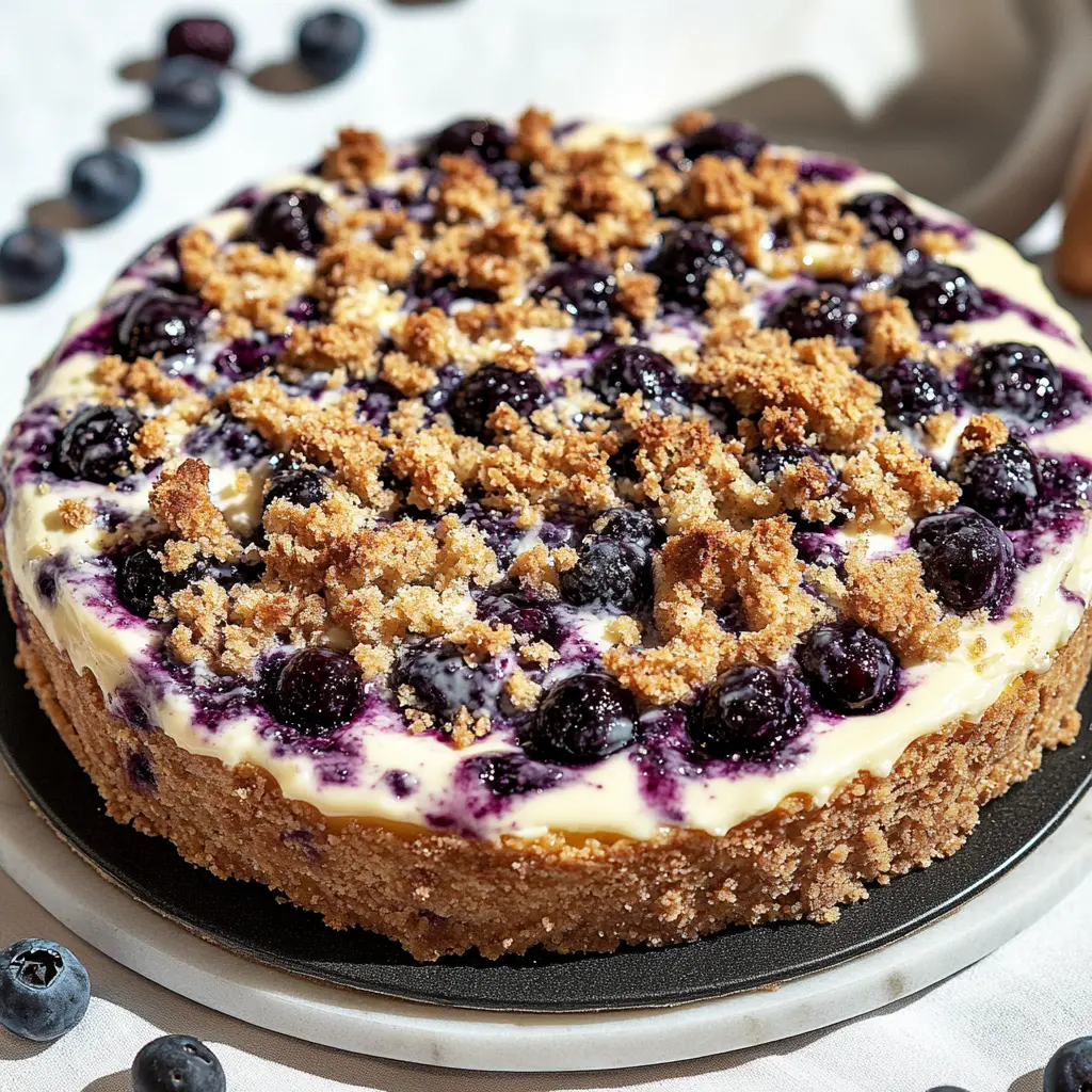 Best Blueberry Crumble Cheesecake Recipe Easy and Delicious 3 BLUEBERRY CRUMBLE CHEESECAKE centered hero view, clean and uncluttered