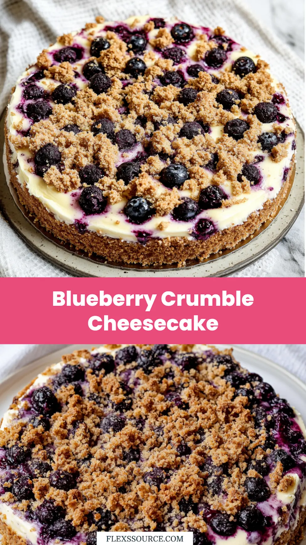 Best Blueberry Crumble Cheesecake Recipe Easy and Delicious 4 BLUEBERRY CRUMBLE CHEESECAKE centered hero view, clean and uncluttered_pin