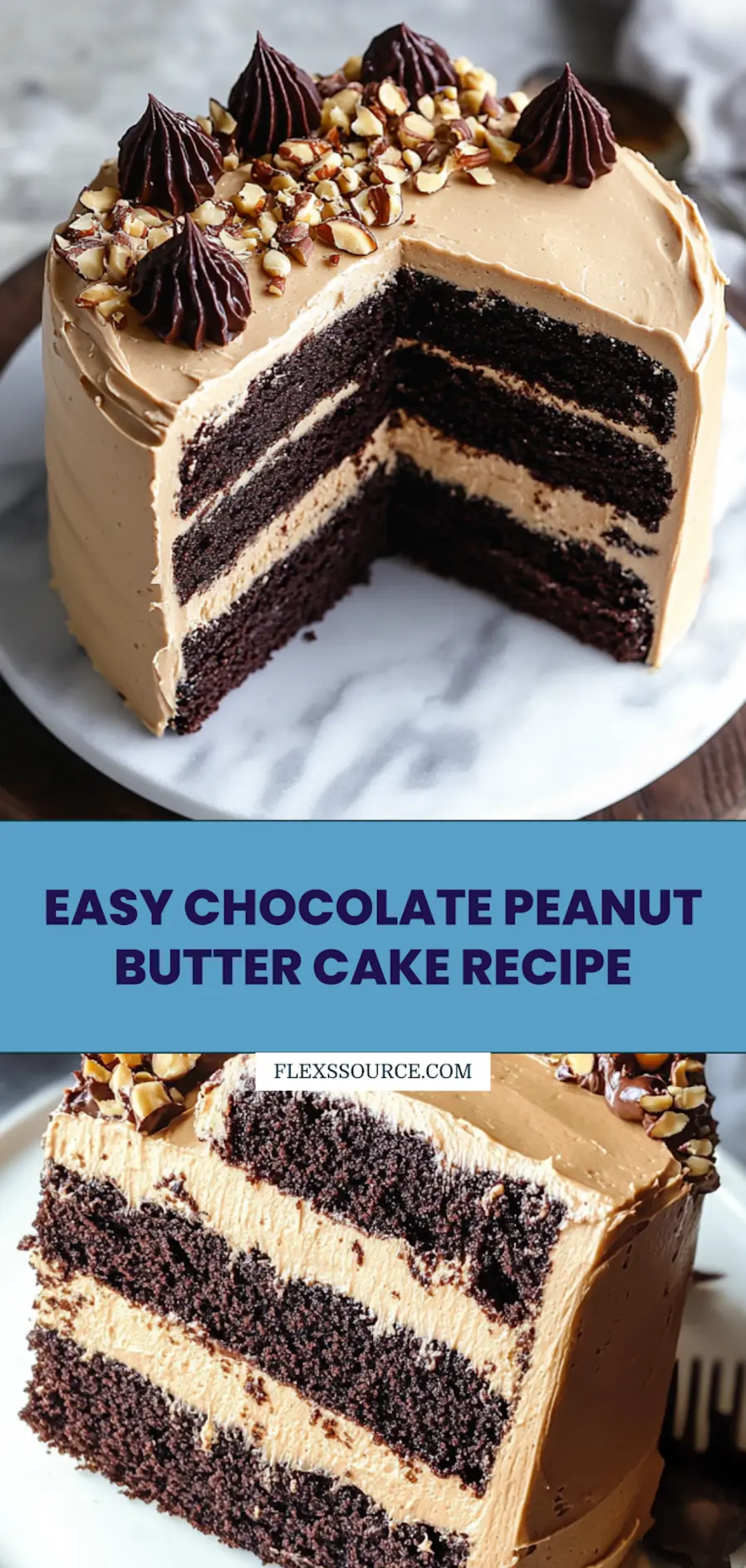 Chocolate Peanut Butter Cake Recipe Easy and Irresistible 4 Chocolate peanut butter cake with decorative frosting swirls and Reese's cups for Pinterest