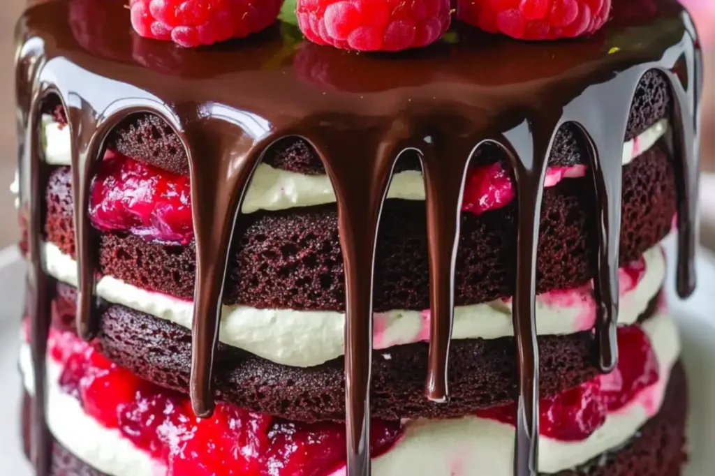 CHOCOLATE RASPBERRY DRIP CAKE centered hero view, clean and uncluttered