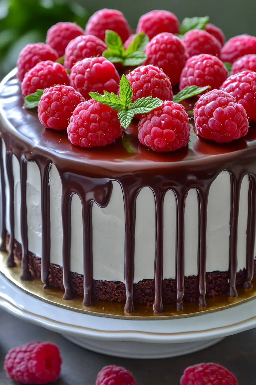 Chocolate Raspberry Drip Cake Recipe Easy and Delicious 3 CHOCOLATE RASPBERRY DRIP CAKE centered hero view, clean and uncluttered