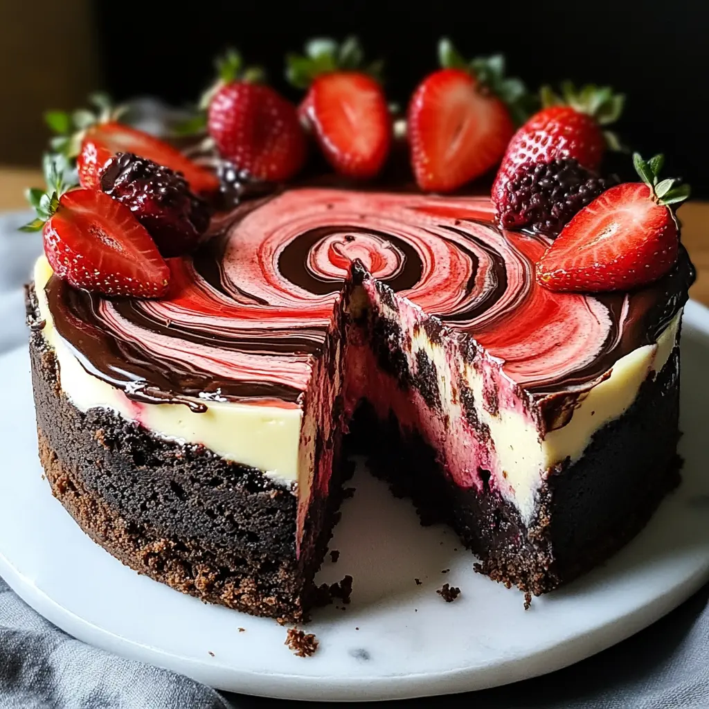 Chocolate Strawberry Swirl Cheesecake centered hero view, clean and uncluttered