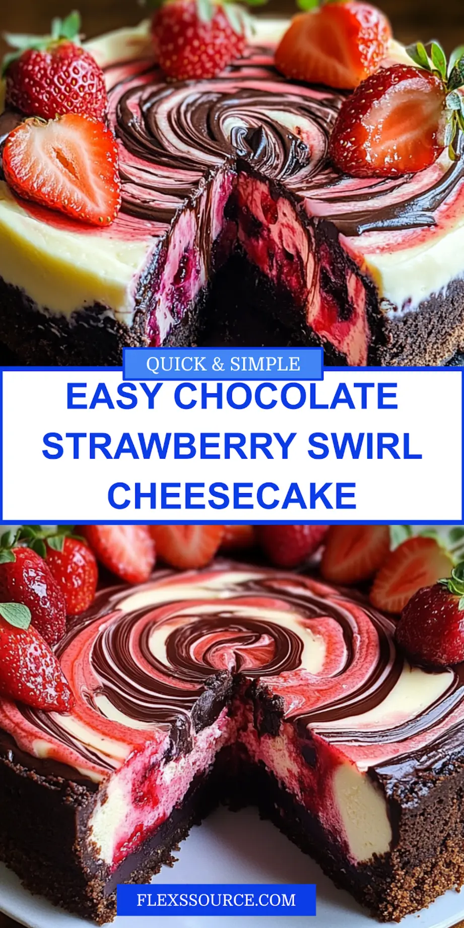 Chocolate Strawberry Swirl Cheesecake centered hero view, clean and uncluttered pin