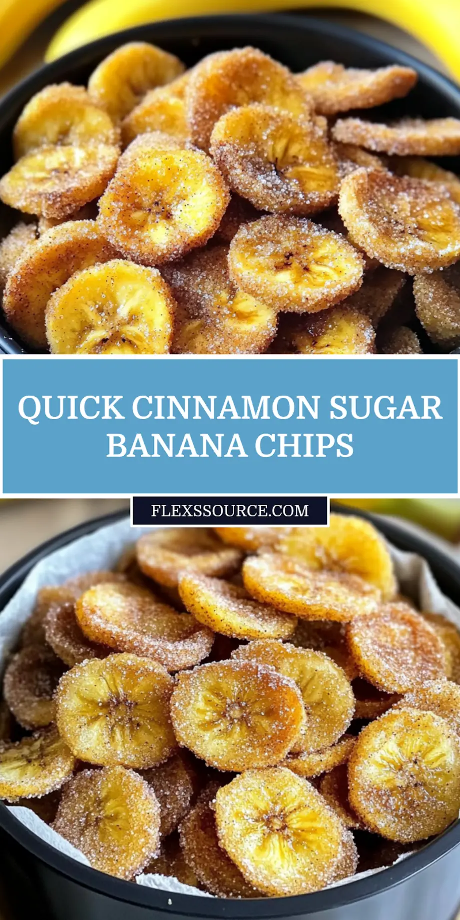 CINNAMON SUGAR AIR FRYER BANANA CHIPS centered hero view, clean and uncluttered