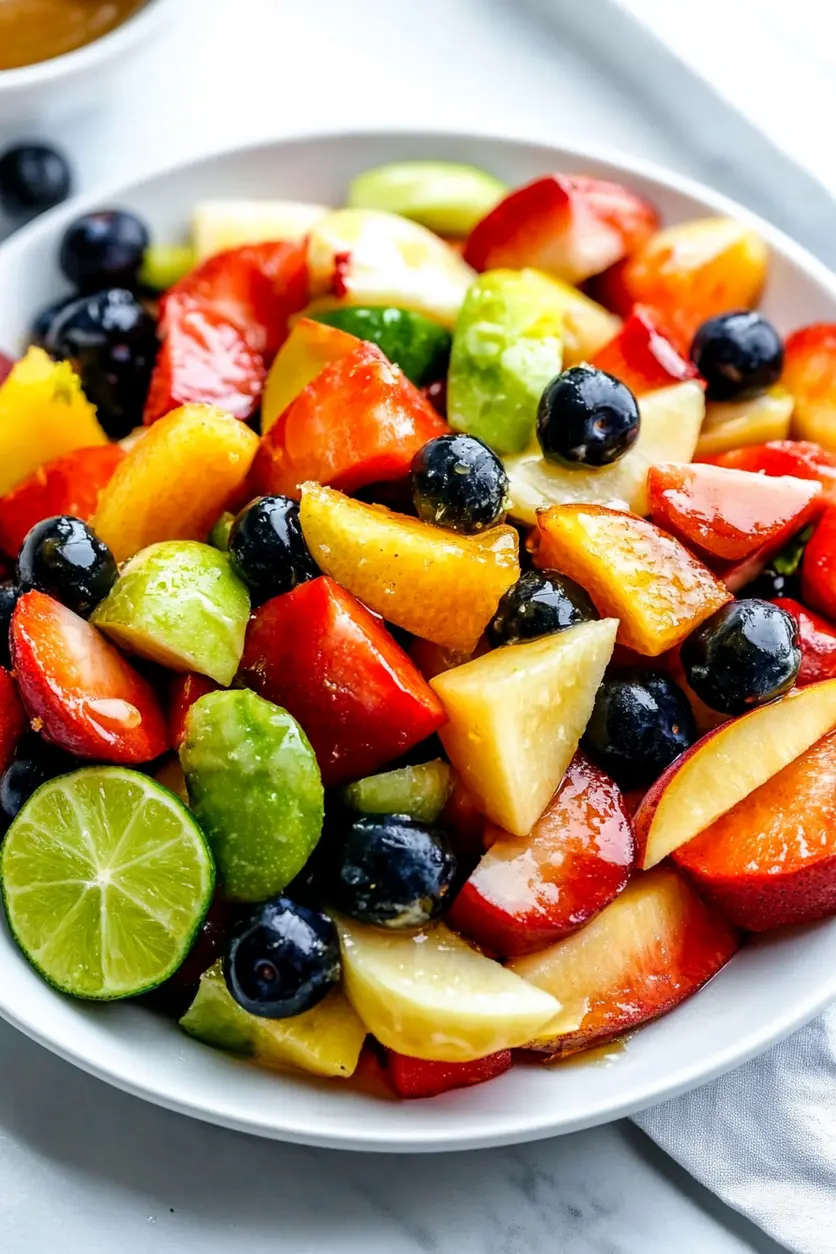 Best Fruit Salad with Honey Lime Dressing Recipe 3 FRUIT SALAD WITH HONEY LIME DRESSING centered hero view, clean and uncluttered