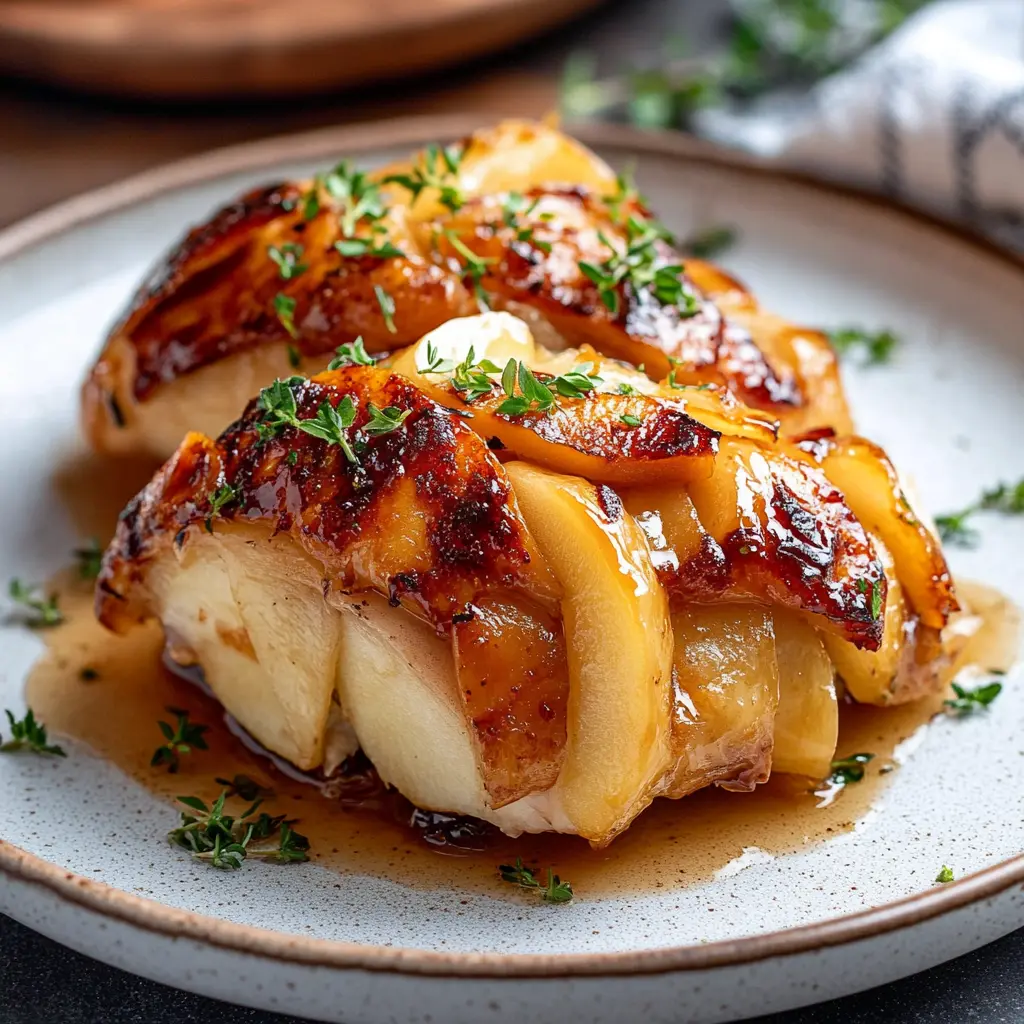 MAPLE GLAZED APPLE AND BRIE STUFFED CHICKEN centered hero view, clean and uncluttered