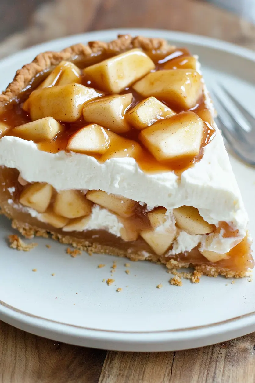 NO BAKE APPLE PIE CHEESECAKE centered hero view, clean and uncluttered