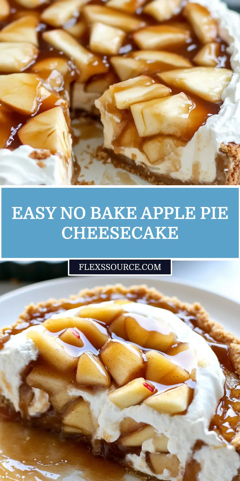 NO BAKE APPLE PIE CHEESECAKE centered hero view, clean and uncluttered