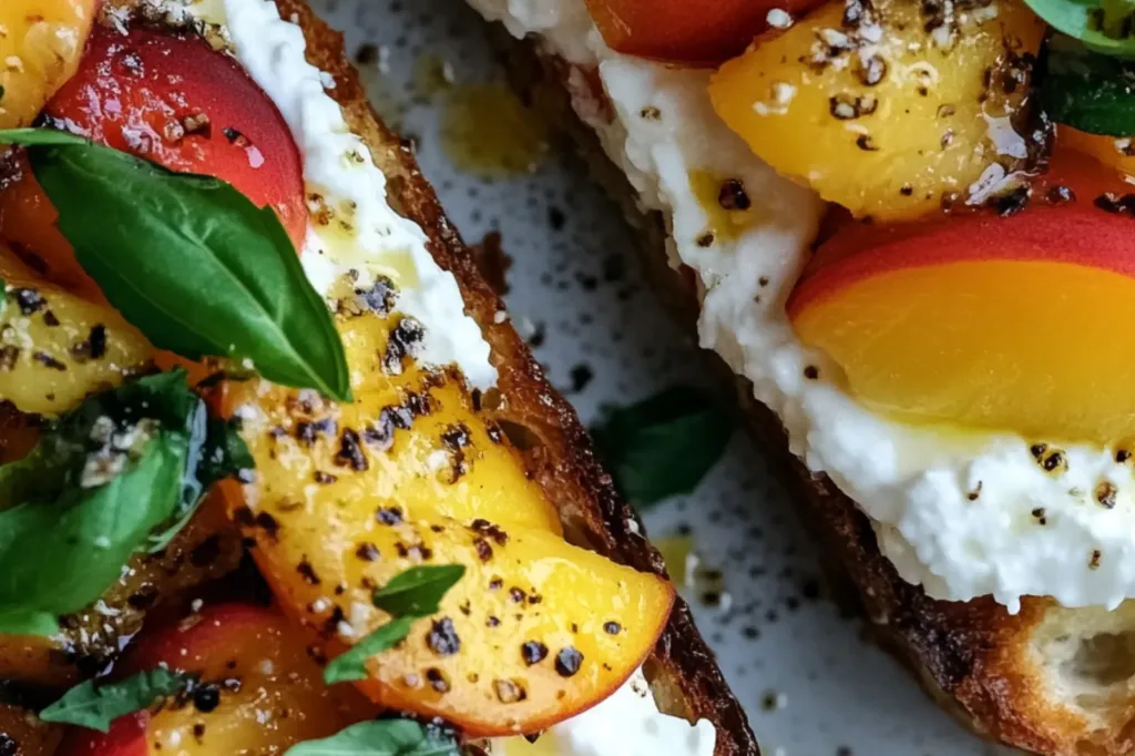 PEACH BRUSCHETTA WITH WHIPPED RICOTTA centered hero view, clean and uncluttered