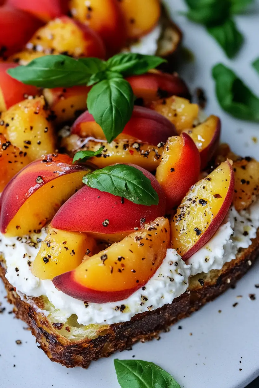 Easy Peach Bruschetta with Whipped Ricotta Recipe 3 Peach bruschetta with whipped ricotta on toasted baguette slices, garnished with fresh basil