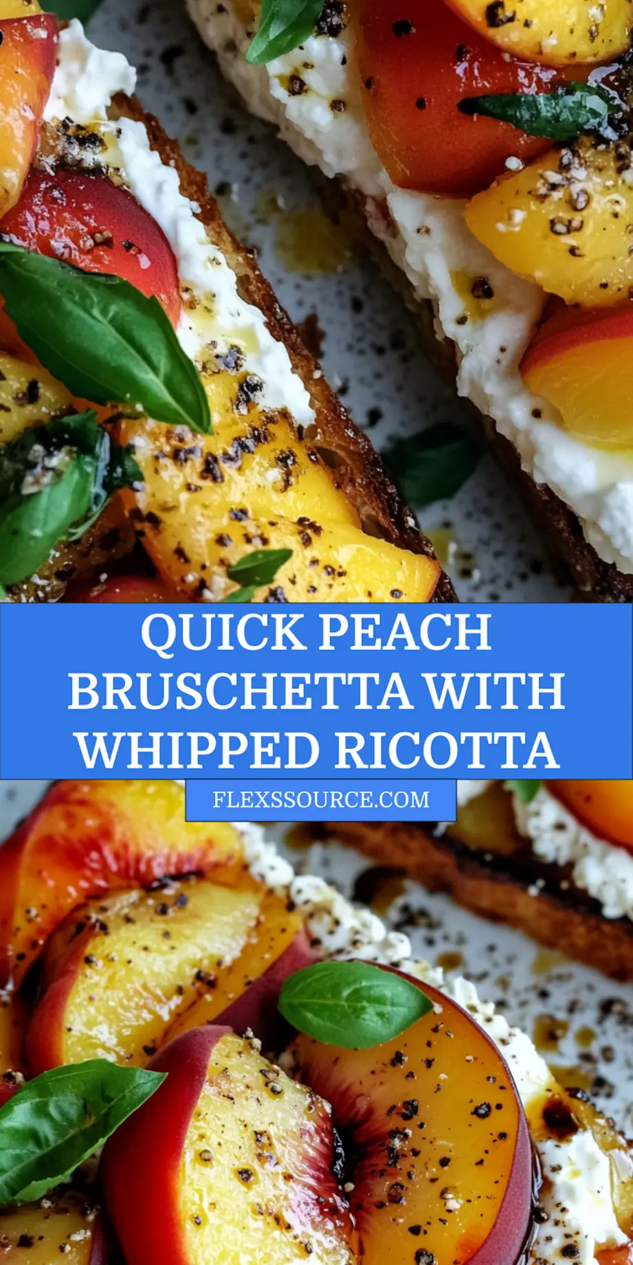 Easy Peach Bruschetta with Whipped Ricotta Recipe 4 Peach bruschetta with whipped ricotta appetizer on wooden board, perfect for summer entertaining