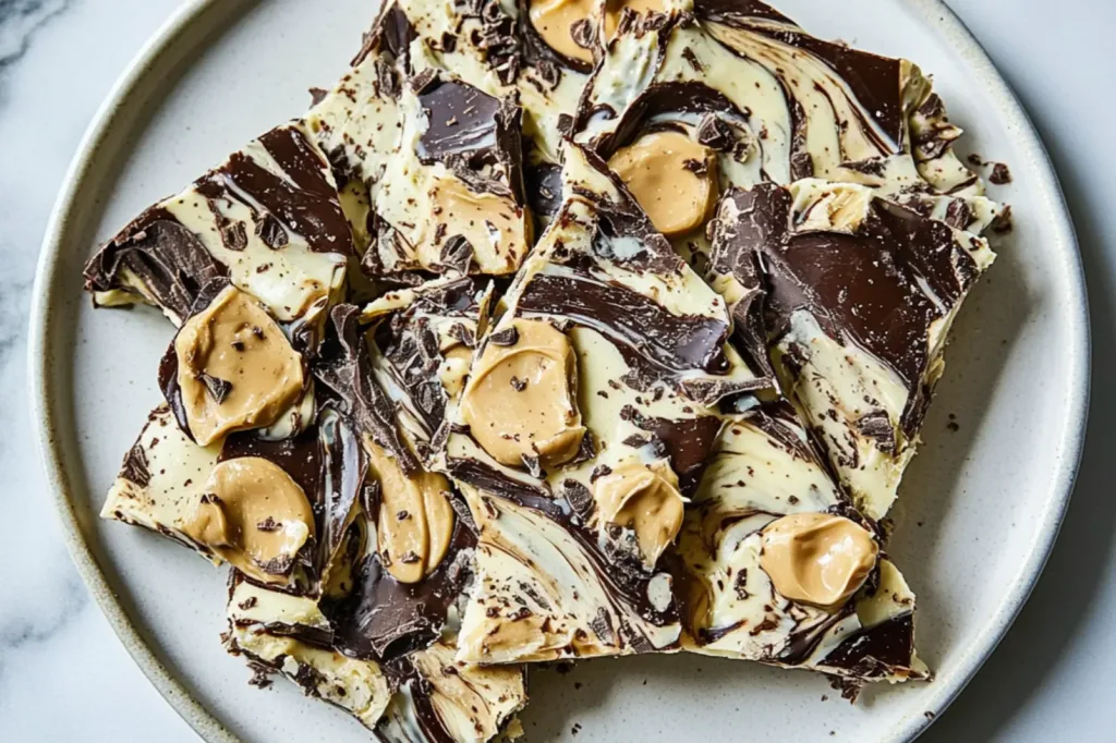 PEANUT BUTTER CHOCOLATE GREEK YOGURT BARK centered hero view, clean and uncluttered