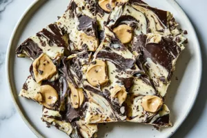 PEANUT BUTTER CHOCOLATE GREEK YOGURT BARK centered hero view, clean and uncluttered