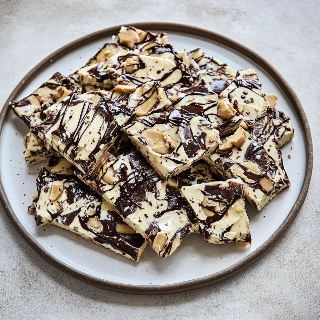Peanut butter chocolate Greek yogurt bark with swirled chocolate and creamy texture