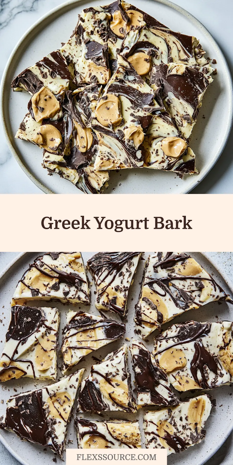 Peanut butter chocolate Greek yogurt bark with marbled swirls, perfect for pinning