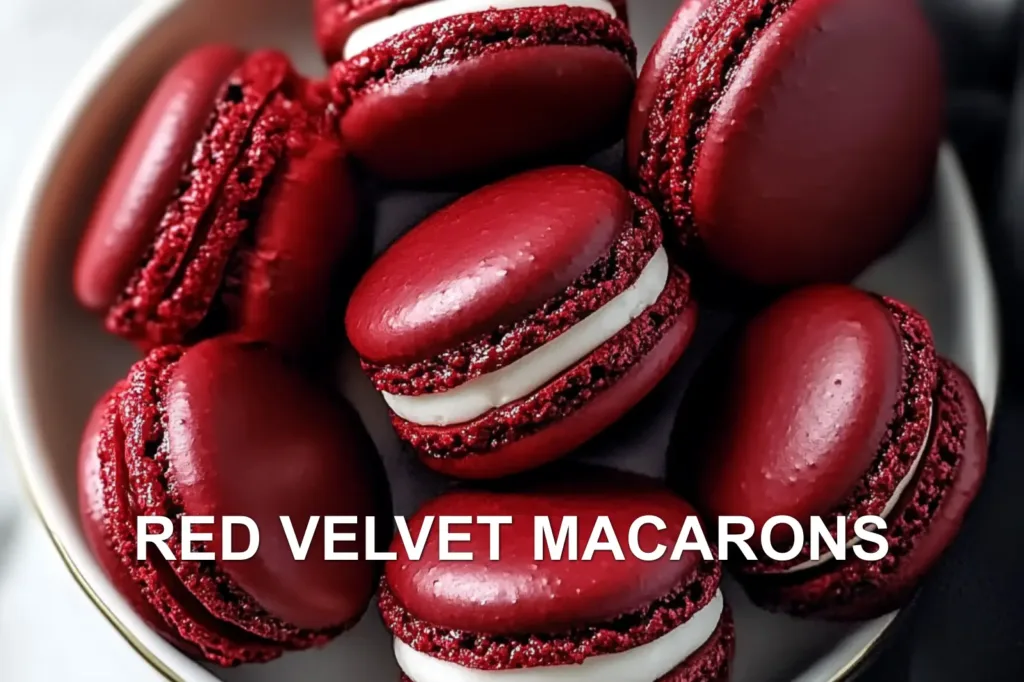 RED VELVET MACARONS centered hero view, clean and uncluttered