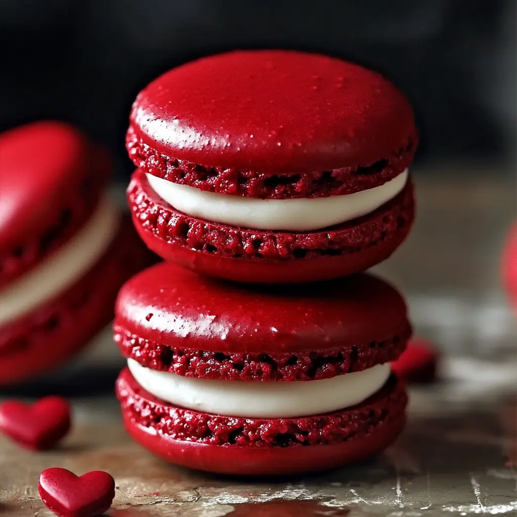 RED VELVET MACARONS centered hero view, clean and uncluttered