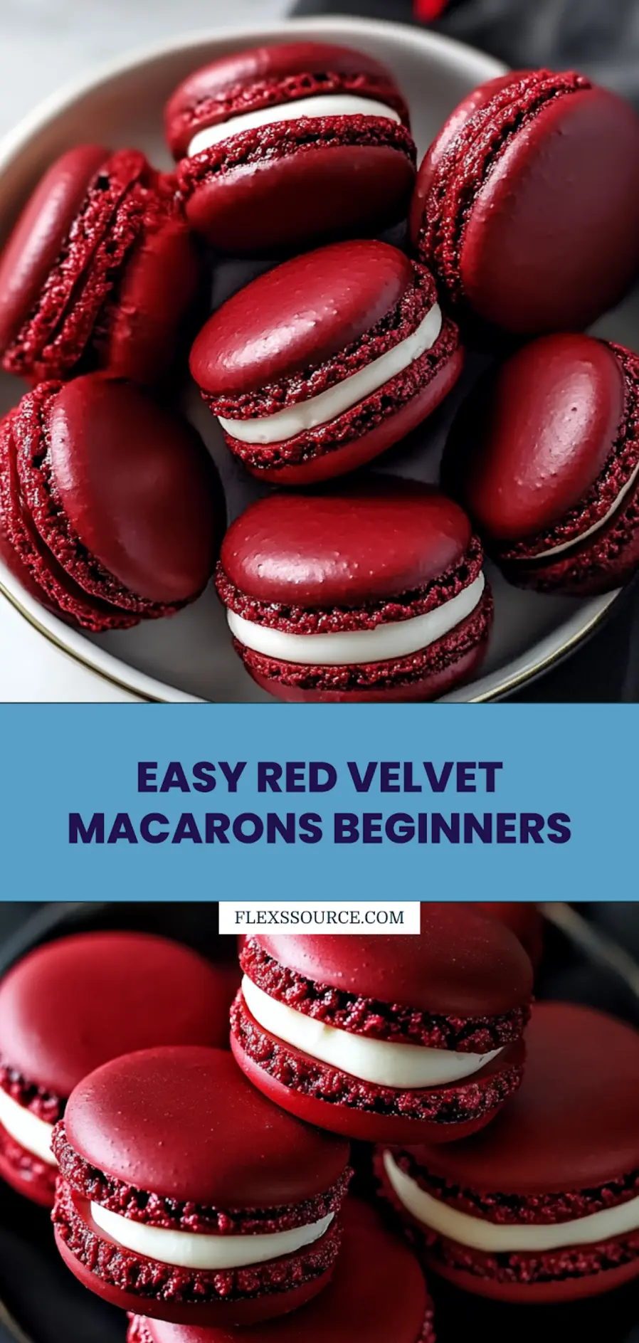 RED VELVET MACARONS centered hero view, clean and uncluttered