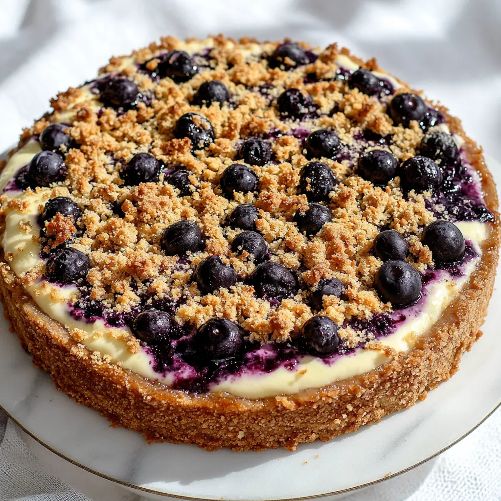 Best Blueberry Crumble Cheesecake Recipe Easy and Delicious 2 BLUEBERRY CRUMBLE CHEESECAKE centered hero view, clean and uncluttered