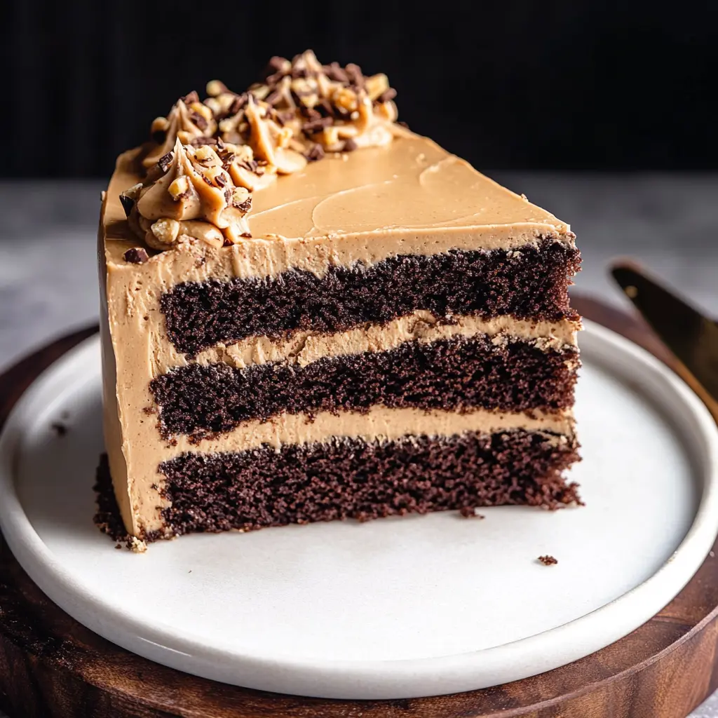 Chocolate Peanut Butter Cake Recipe Easy and Irresistible 2 CHOCOLATE PEANUT BUTTER CAKE centered hero view, clean and uncluttered