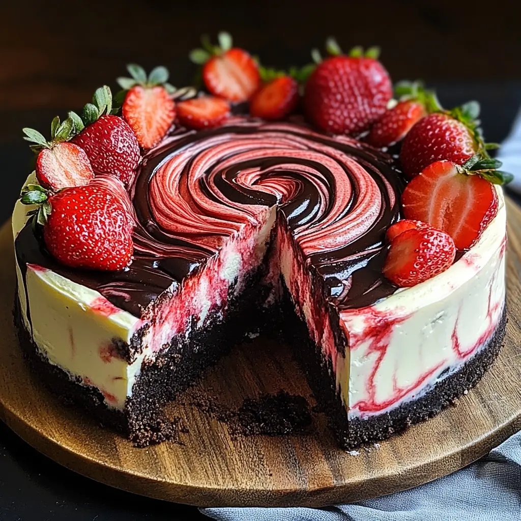 CHOCOLATE STRAWBERRY SWIRL CHEESECAKE centered hero view, clean and uncluttered