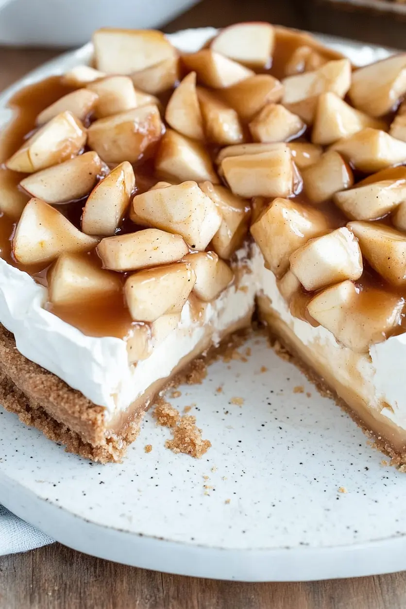 NO BAKE APPLE PIE CHEESECAKE centered hero view, clean and uncluttered