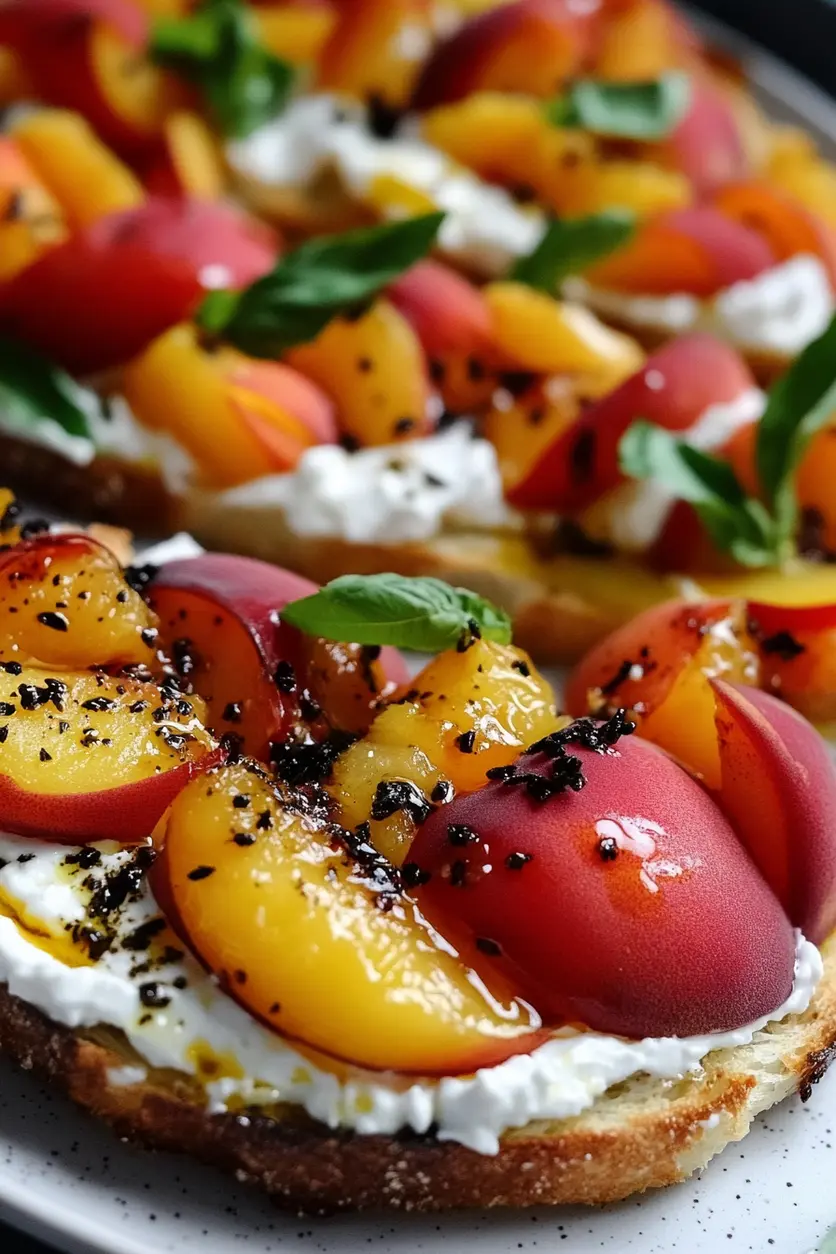 Easy Peach Bruschetta with Whipped Ricotta Recipe 2 PEACH BRUSCHETTA WITH WHIPPED RICOTTA centered hero view, clean and uncluttered