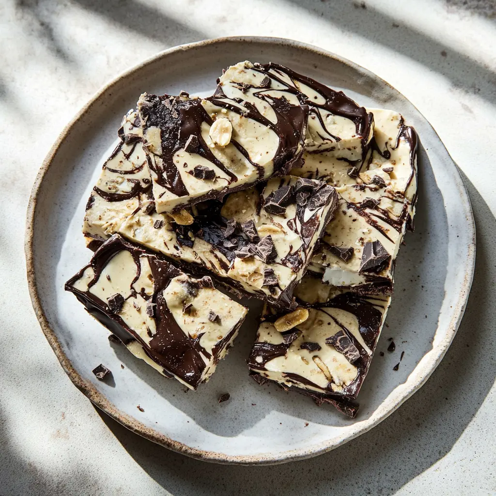 PEANUT BUTTER CHOCOLATE GREEK YOGURT BARK centered hero view, clean and uncluttered