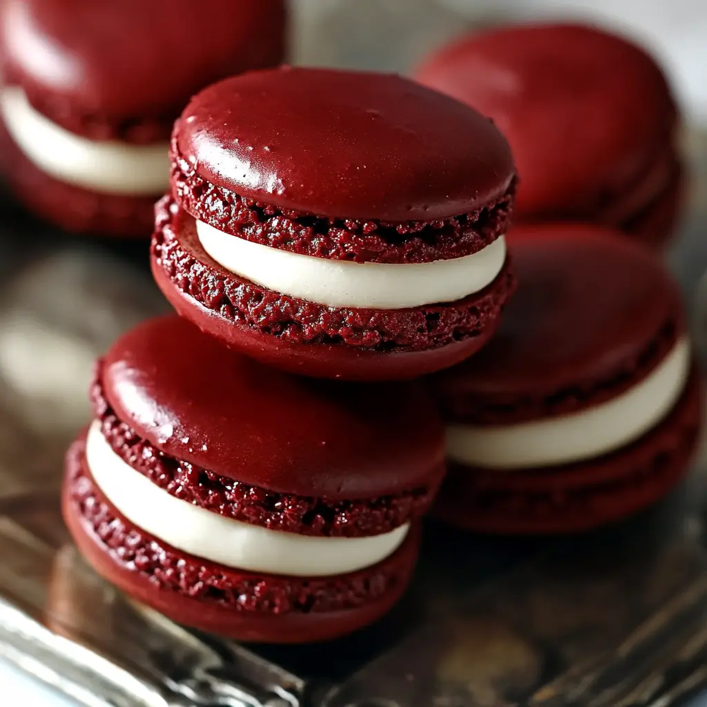 RED VELVET MACARONS centered hero view, clean and uncluttered