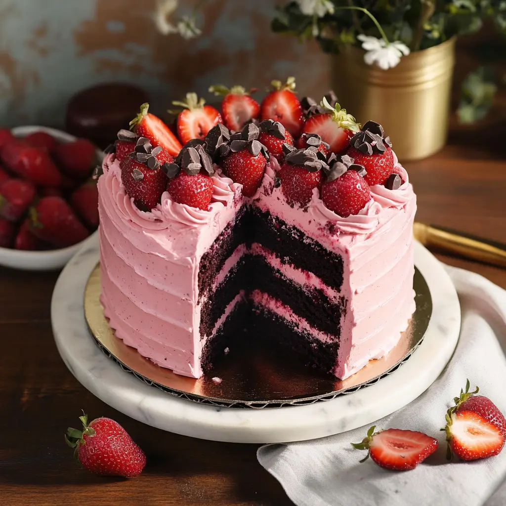 Best Strawberry Chocolate Cake Recipe You Must Try 2 STRAWBERRY CHOCOLATE CAKE centered hero view, clean and uncluttered