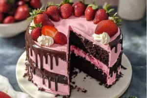 STRAWBERRY CHOCOLATE CAKE centered hero view, clean and uncluttered