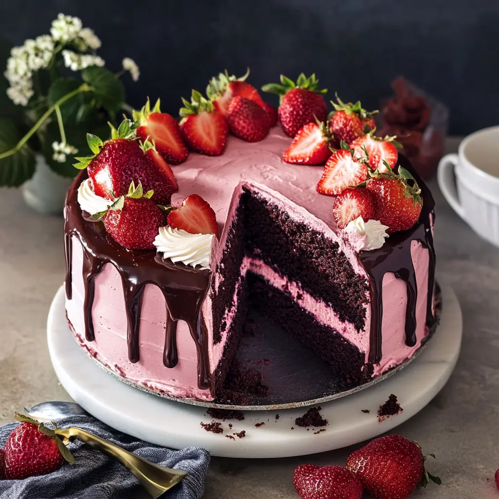 Best Strawberry Chocolate Cake Recipe You Must Try 3 STRAWBERRY CHOCOLATE CAKE centered hero view, clean and uncluttered