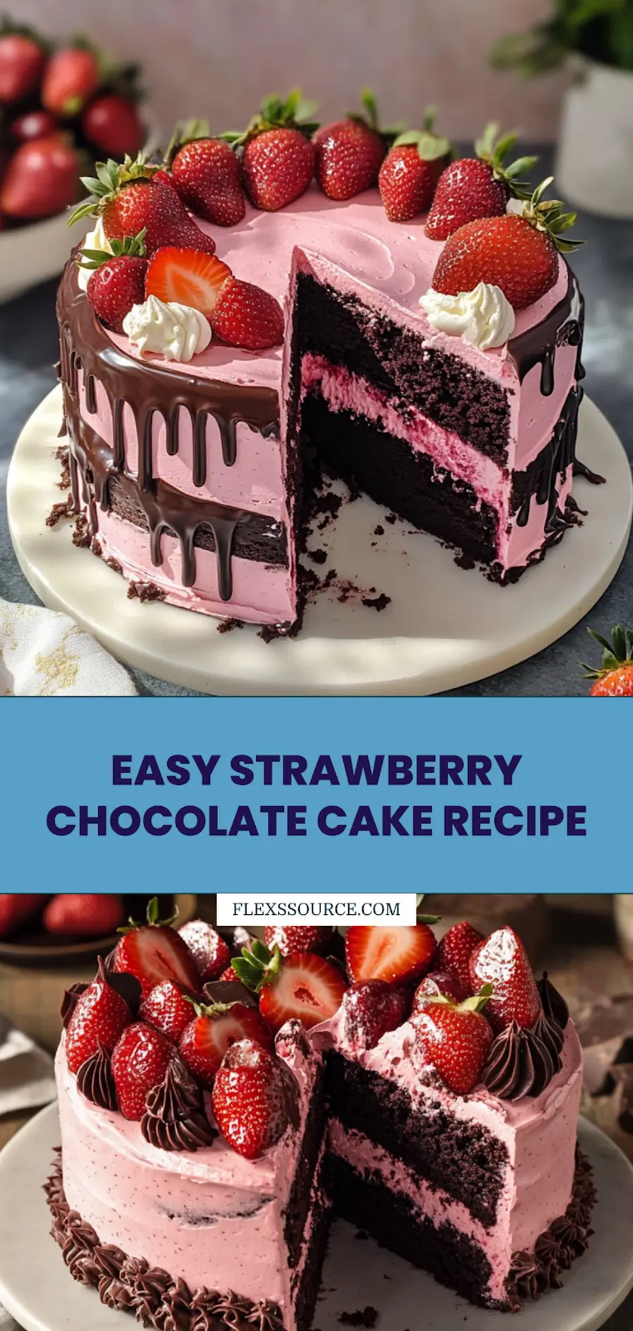 Best Strawberry Chocolate Cake Recipe You Must Try 4 STRAWBERRY CHOCOLATE CAKE centered hero view, clean and uncluttered_pin