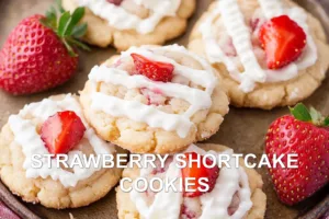 STRAWBERRY SHORTCAKE COOKIES centered hero view, clean and uncluttered