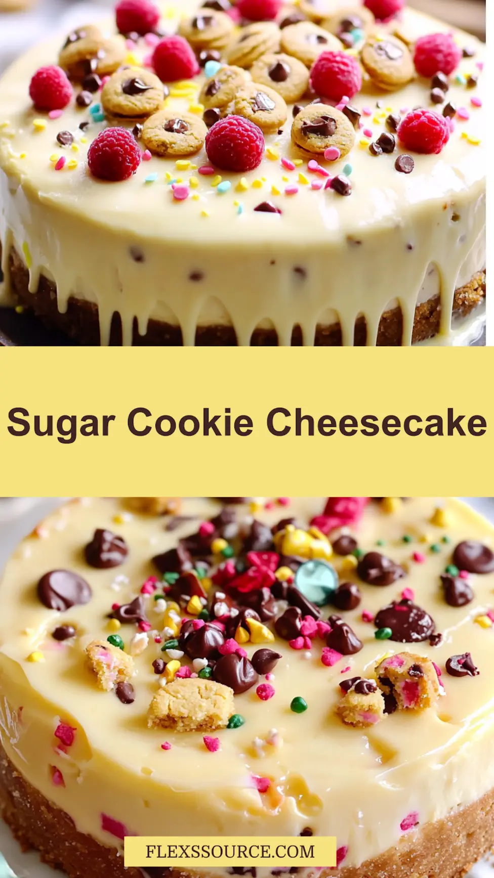 SUGAR COOKIE CHEESECAKE RECIPE centered hero view, clean and uncluttered