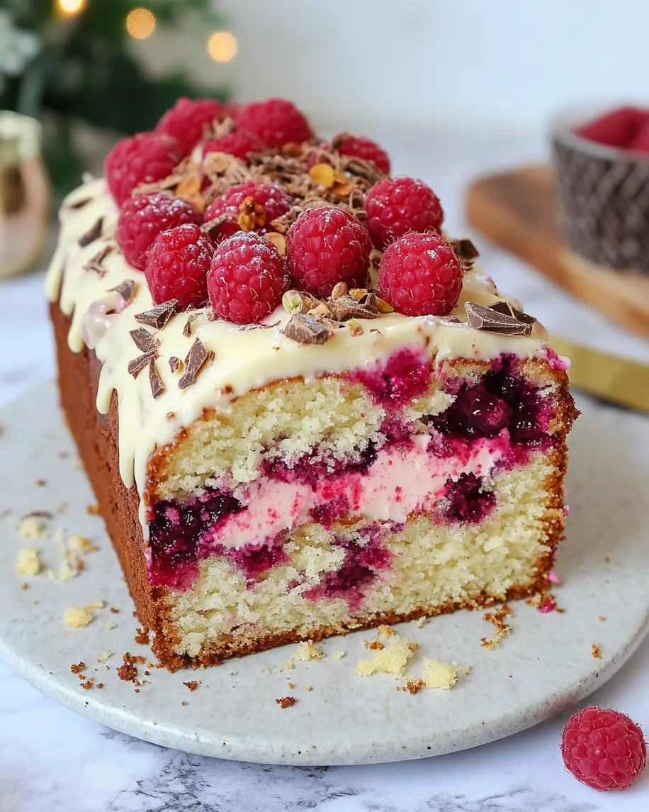WHITE CHOCOLATE RASPBERRY LOAF CAKE centered hero view, clean and uncluttered