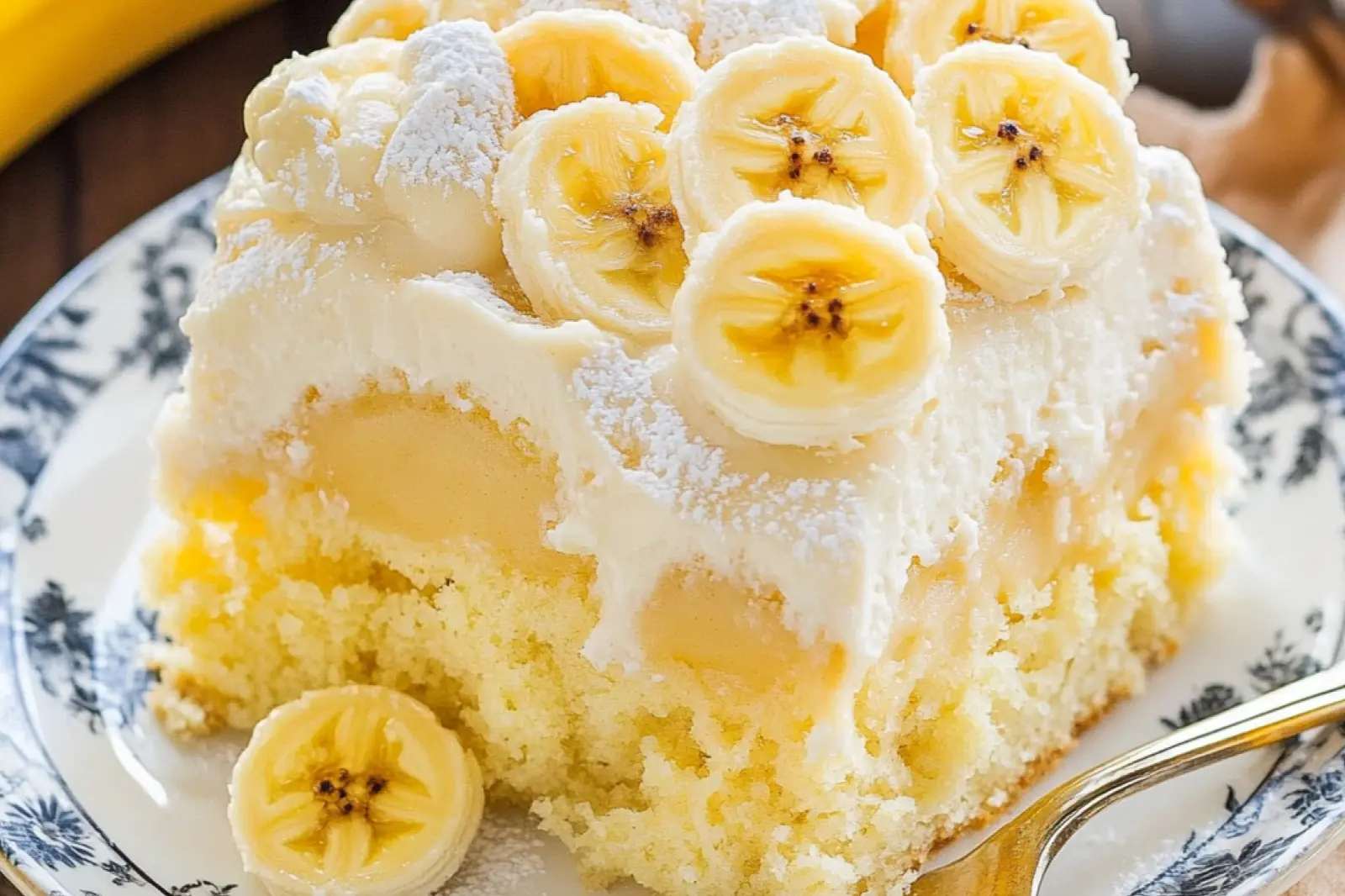 BANANA PUDDING POKE CAKE centered hero view, clean and uncluttered