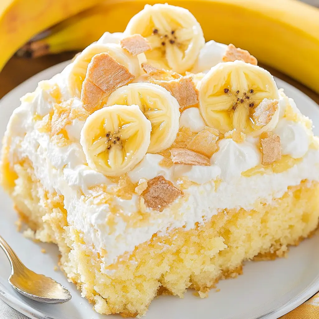 Easy Banana Pudding Poke Cake Recipe You Must Try 3 BANANA PUDDING POKE CAKE centered hero view, clean and uncluttered