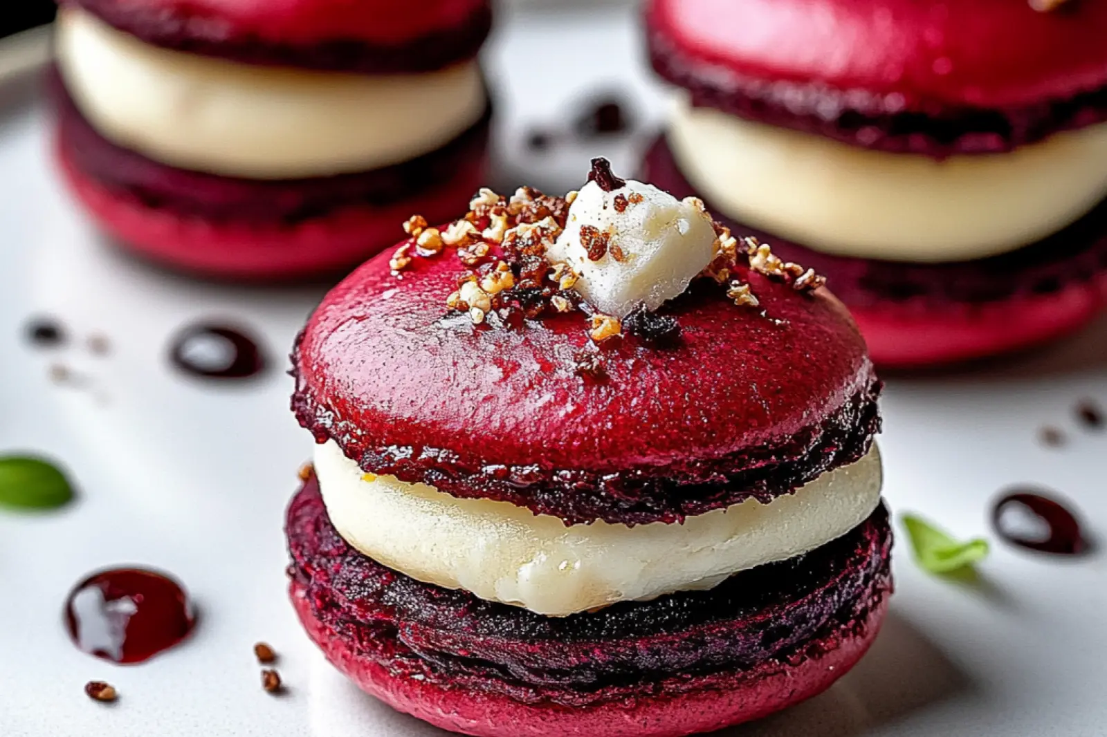BEET MACARONS WITH GOAT CHEESE centered hero view, clean and uncluttered