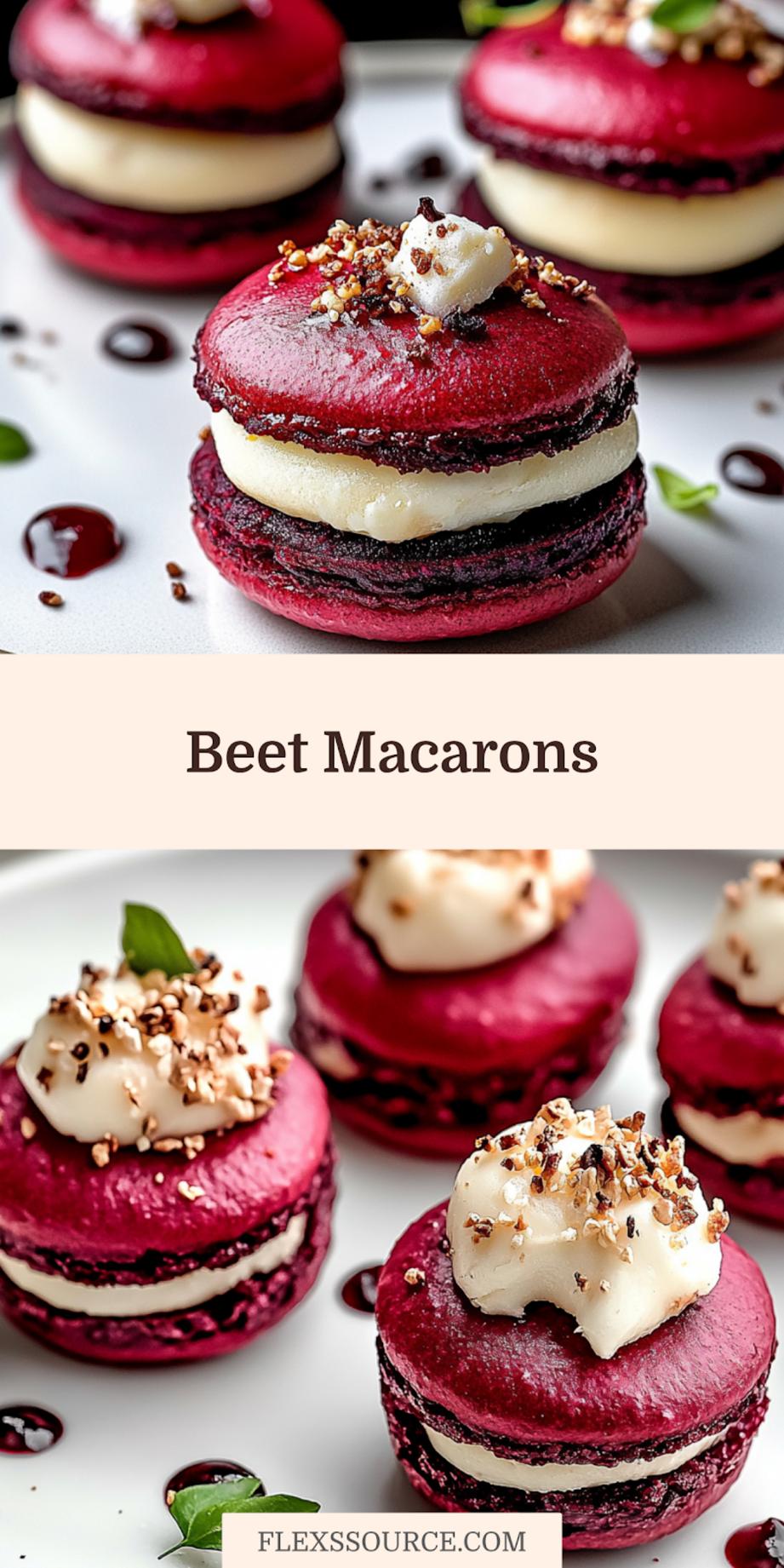 BEET MACARONS WITH GOAT CHEESE centered hero view, clean and uncluttered_pin