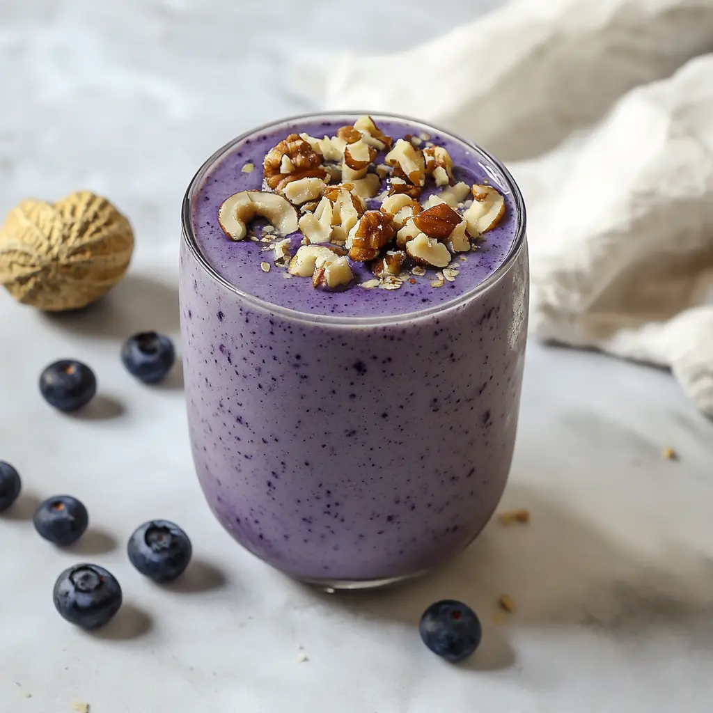 Blueberry Brazil Nut Smoothie Recipe Easy and Delicious 3 Blueberry Brazil Nut Smoothie in a tall glass with purple swirls, centered hero view