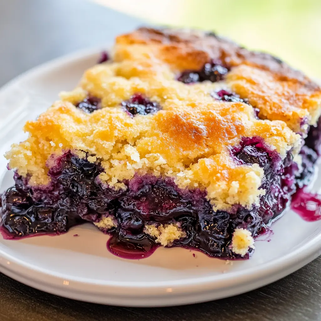Blueberry cobbler in baking dish with golden topping and bubbling berries