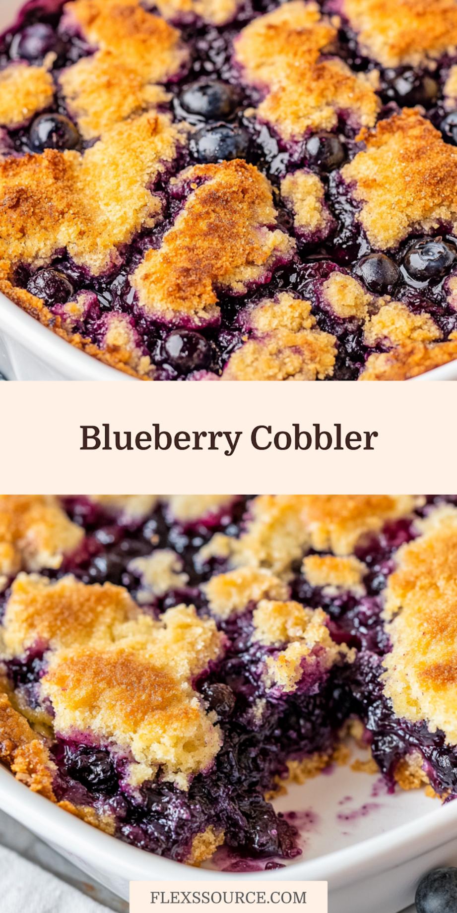 Blueberry cobbler Pinterest pin with golden top and berry filling