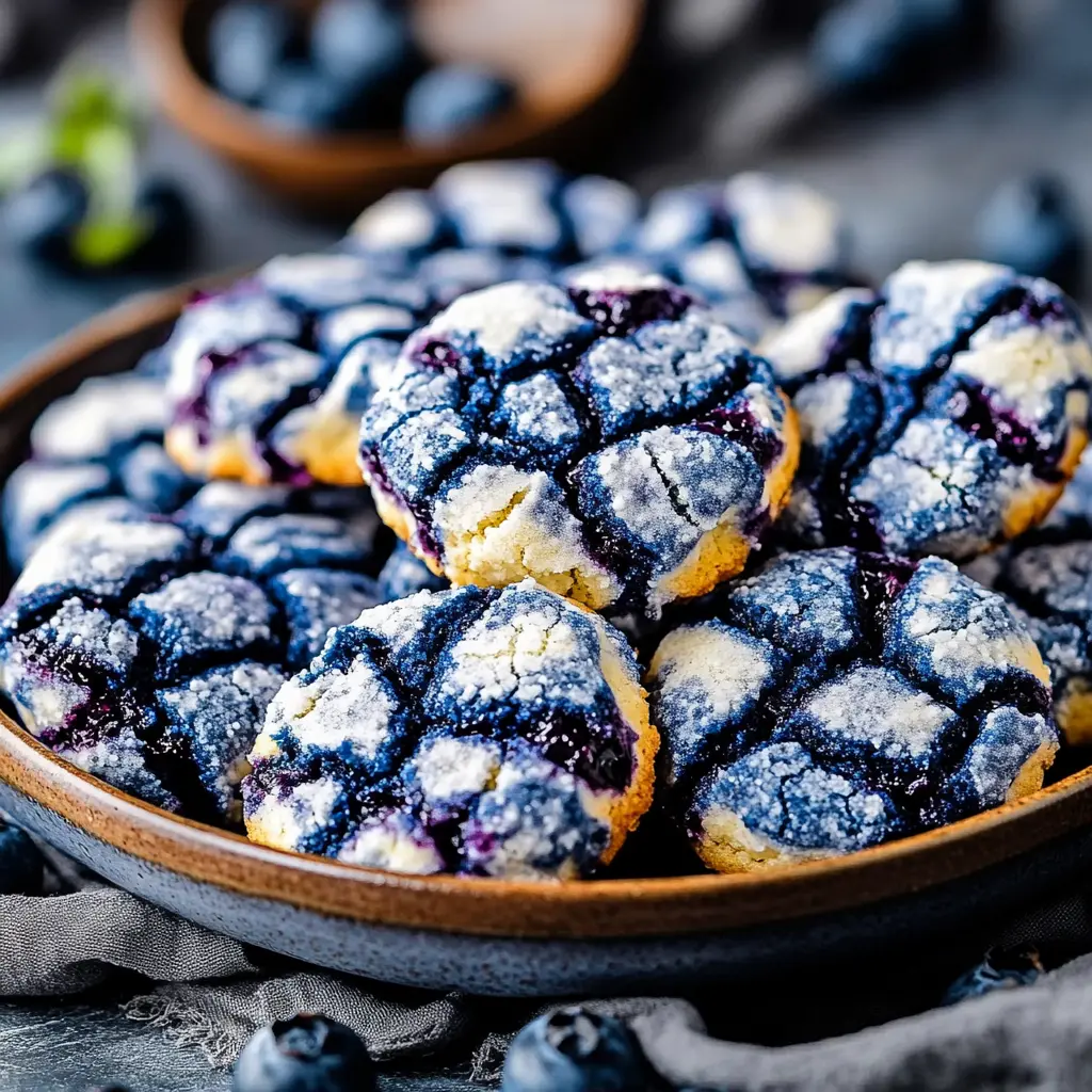 BLUEBERRY CRINKLE COOKIES centered hero view, clean and uncluttered