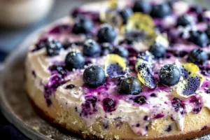 BLUEBERRY LEMON POPPY SEED CUSTARD CAKE centered hero view, clean and uncluttered