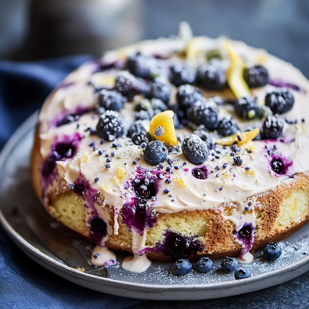 Blueberry Lemon Poppy Seed Custard Cake with golden edges and fresh blueberries
